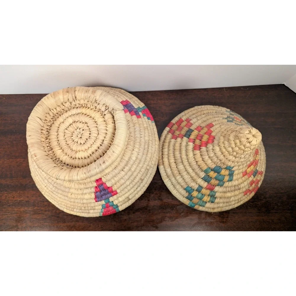 Handwoven Lidded Coiled Grass Basket Southwest Storage Decor 10in Multicolor